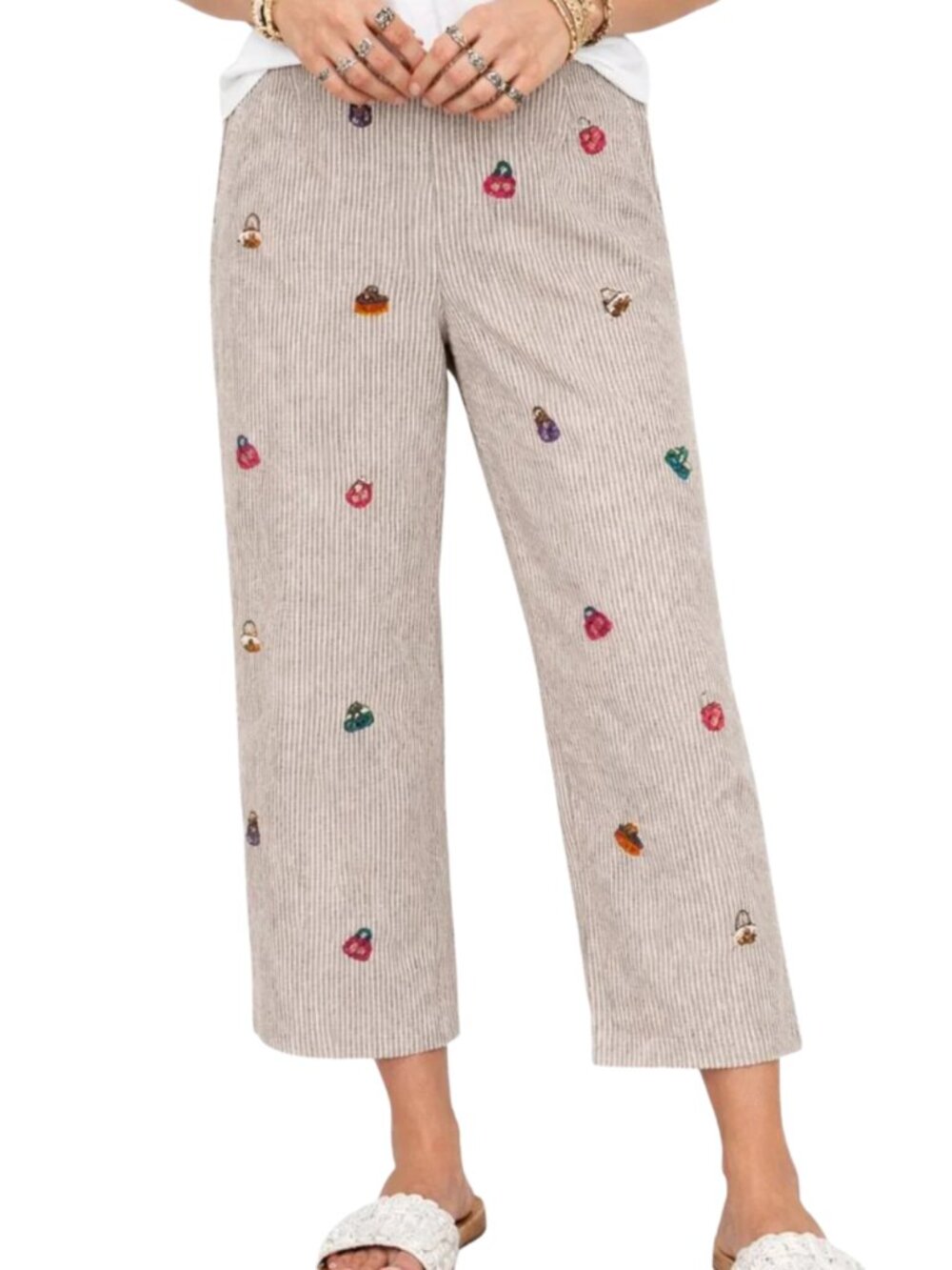 Pin Striped Ankle Pants w/ Embroidery Purses
